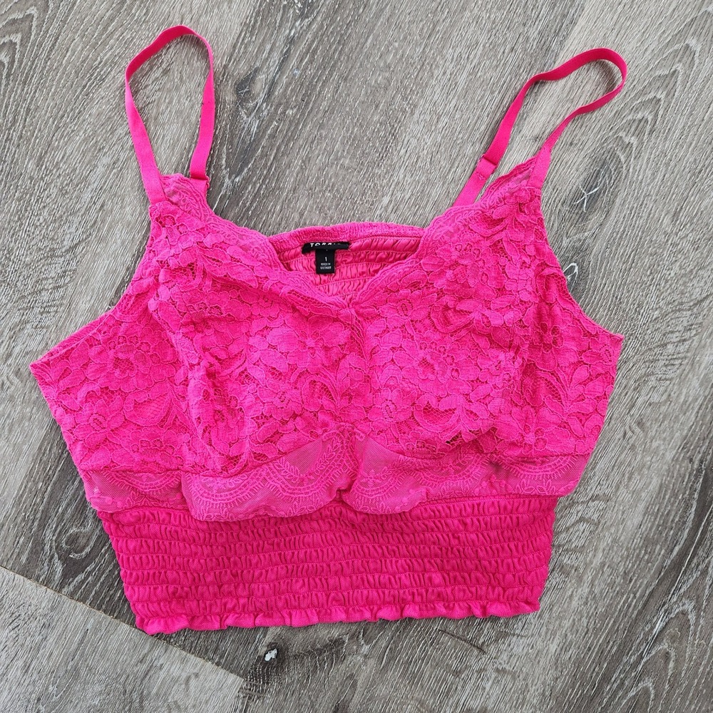 Torrid Hot Pink Floral Lace Smocked Bralette Crop Top Size 1 Plus Size Camisole